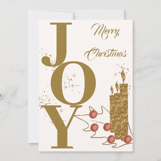 Festive Joy Gold Candle Red Berries Merry Christma Holiday Card (Front)