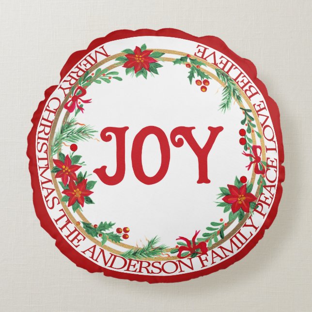 Festive Joy Gold Red Green Leaves Christmas Wreath Round Pillow (Front)