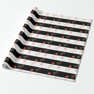 Festive Joy Heart Pattern on Striped Black & White Wrapping Paper