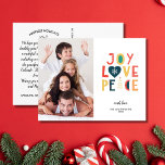 Festive Joy, Love, Peace, Family Photo Christmas Postcard<br><div class="desc">Spread holiday cheer with this postcard featuring festive hand lettered typography art that reads "Joy Love Peace". Customize by uploading your vertical photo. The backside features your custom greetings, name and note (or delete to leave space for a handwritten note). Add your return address to the back too. Festive and...</div>
