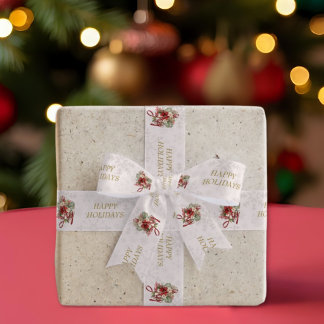 Festive Joy Script Red Botanical Christmas Satin Ribbon