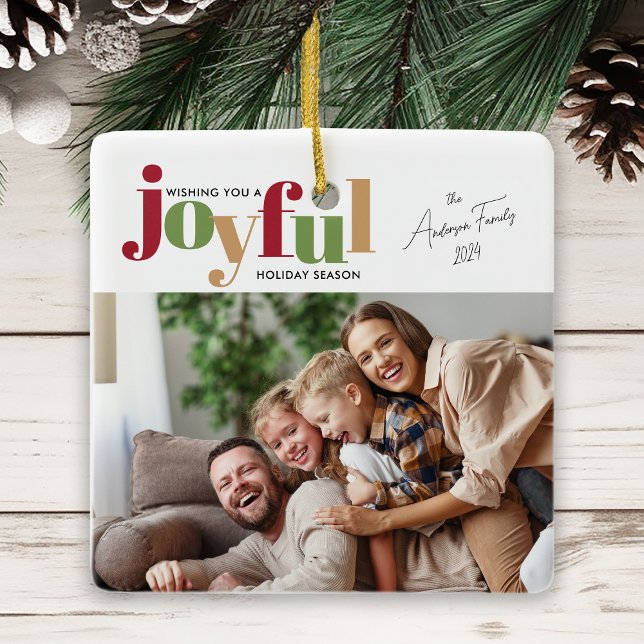 Festive Joyful 2 Photo Christmas Ceramic Ornament (Creator Uploaded)