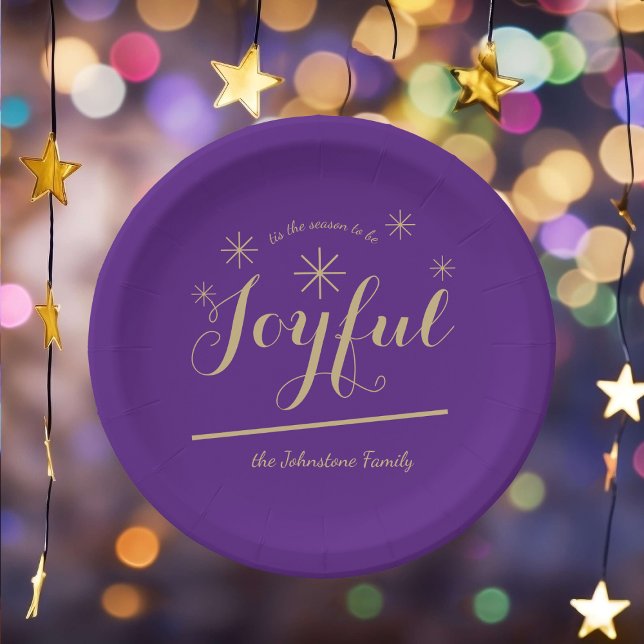Festive Joyful Family Name Chic Stylish Christmas  Paper Plate (Treats are even more delicious when taken from these gorgeous paper plates.)