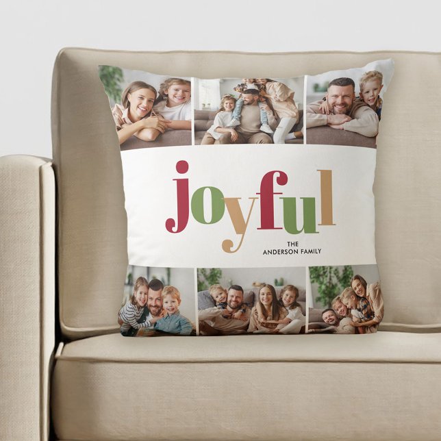 Festive Joyful Typography Multi Photo Christmas Throw Pillow (Creator Uploaded)
