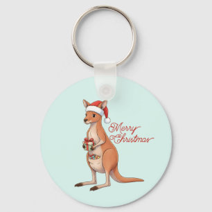 Festive Kangaroo With Santa Hat Christmas Holidays Keychain