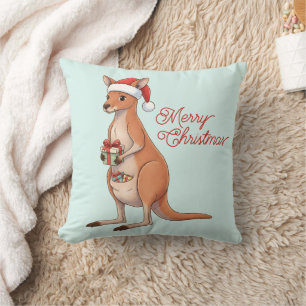Festive Kangaroo With Santa Hat Christmas Holidays Throw Pillow