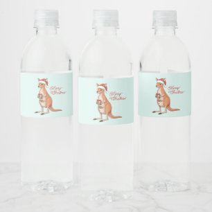 Festive Kangaroo With Santa Hat Christmas Holidays Water Bottle Label