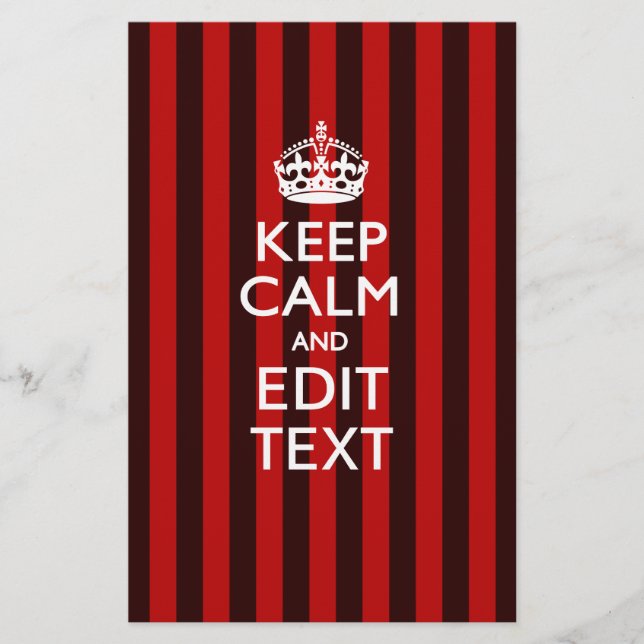 Festive Keep Calm Your Text on Red Stripes Stationery (Front)