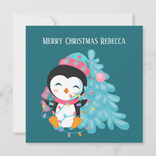 Festive kids Christmas penguin add name sentiment Holiday Card