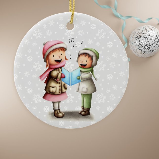 Festive Kids Singing Christmas Carols Ceramic Ornament (Festive Couple Singing Christmas Carols Holiday Ornament by Kinda Cute by Patricia Alvarez)