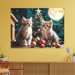 Festive Kittens by Christmas Tree Under Full Moon  Canvas Print