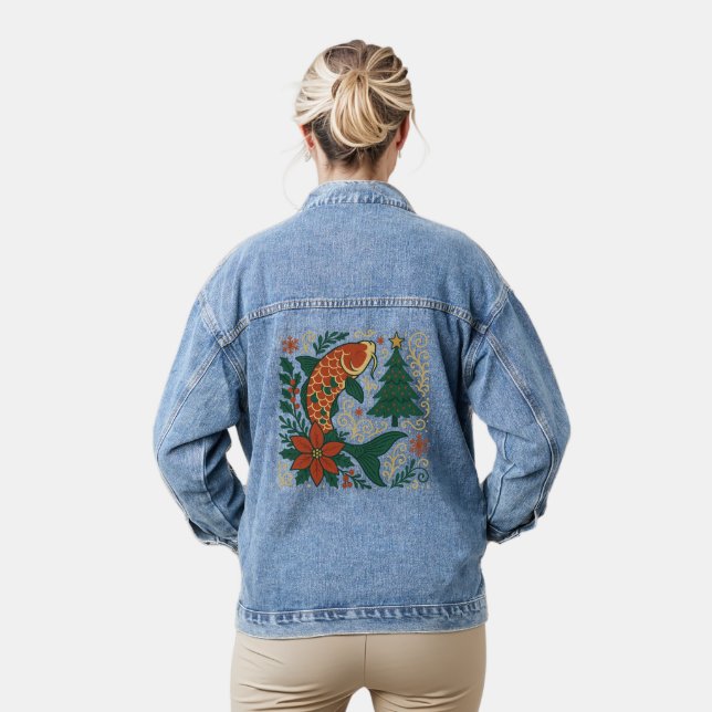 Festive Koi Christmas Art Women’s Denim Jacket (Model)
