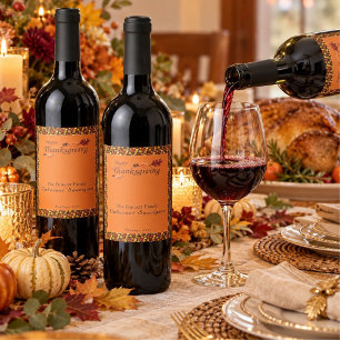 Festive Leaf Pattern Thanksgiving Navy & Gold Wine Label
