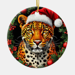 Festive Leopard Wearing Santa Hat Ceramic Ornament