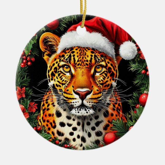 Festive Leopard Wearing Santa Hat Ceramic Ornament (Front)