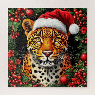Festive Leopard Wearing Santa Hat Jigsaw Puzzle
