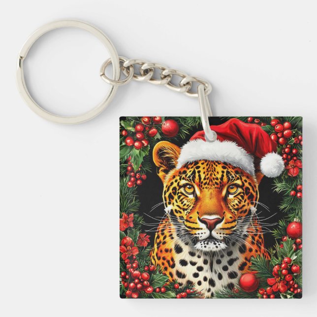 Festive Leopard Wearing Santa Hat Keychain (Front)