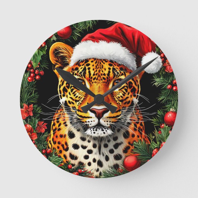 Festive Leopard Wearing Santa Hat Round Clock (Front)