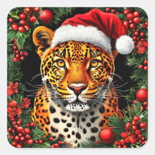 Festive Leopard Wearing Santa Hat Square Sticker