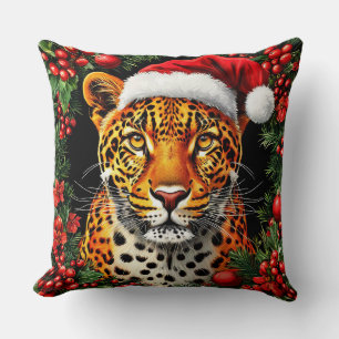 Festive Leopard Wearing Santa Hat Throw Pillow