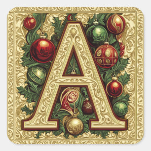 Festive Letter A: Gold, Red, and Green Square Sticker