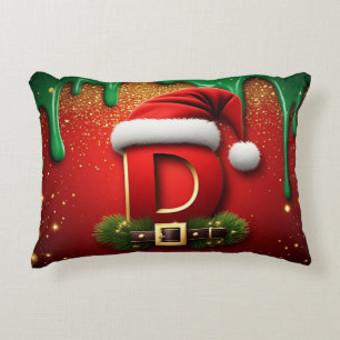 Festive Letter D With Red Hat Belt And Pine Branch Accent Pillow