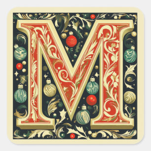 Festive Letter M: Gold, Red, Green, and Cream Square Sticker