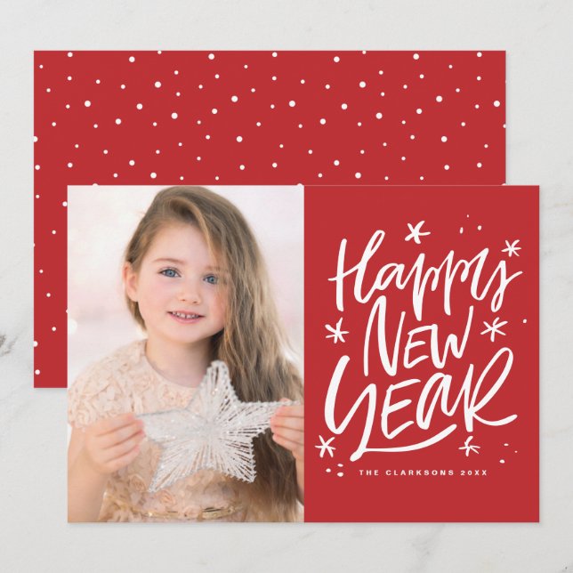 Festive Lettering Red Happy New Year Photo Holiday Card (Front/Back)