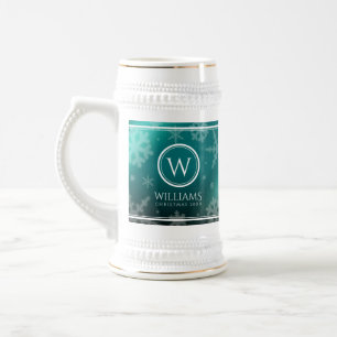 Festive Light Blue Foil Snowflakes Monogram Name Beer Stein