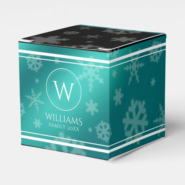 Festive Light Blue Foil Snowflakes Monogram Name Favor Box (Front Side)