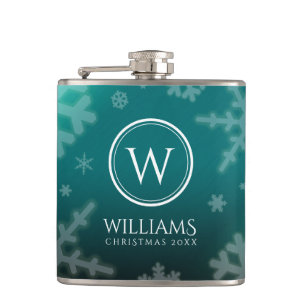 Festive Light Blue Foil Snowflakes Monogram Name Hip Flask