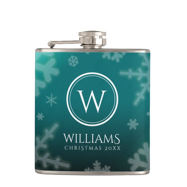 Festive Light Blue Foil Snowflakes Monogram Name Hip Flask (Front)