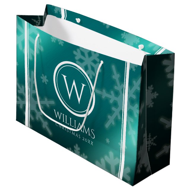 Festive Light Blue Foil Snowflakes Monogram Name Large Gift Bag (Front Angled)