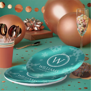 Festive Light Blue Foil Snowflakes Monogram Name Paper Plate