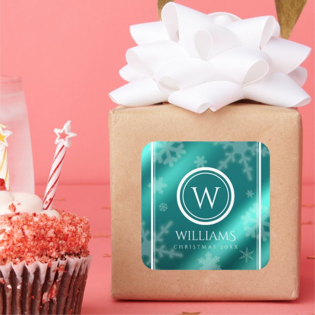 Festive Light Blue Foil Snowflakes Monogram Name Square Sticker (Party)