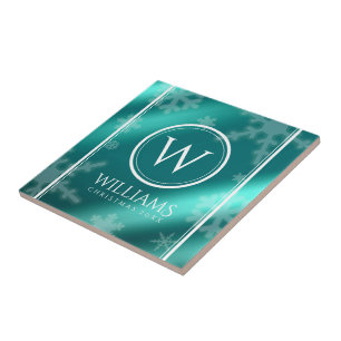 Festive Light Blue Foil Snowflakes Monogram Name Tile