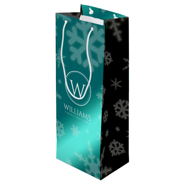 Festive Light Blue Foil Snowflakes Monogram Name Wine Gift Bag (Back Angled)