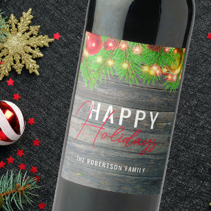 Festive Lights Baubles Rustic Holiday Christmas Wine Label