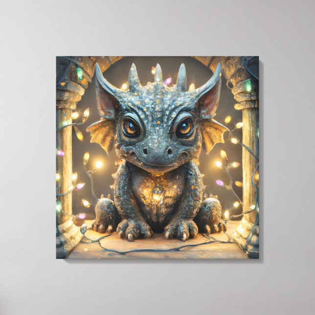 Festive Lights Chibi Gargoyle Dragon Canvas Print (Front)