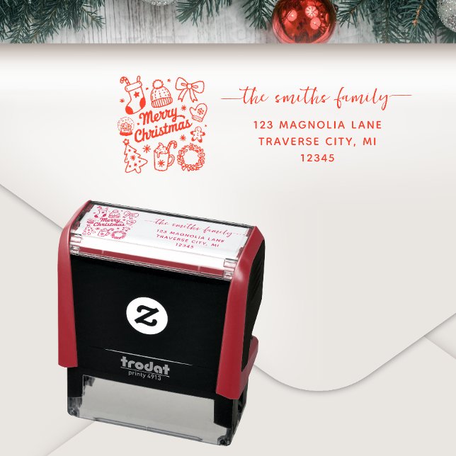 Festive Lineart Merry Christmas Return Address  Self-inking Stamp (Creator Uploaded)