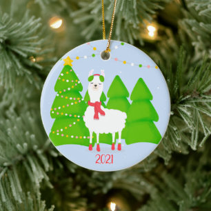 Festive Llama Christmas Ceramic Ornament