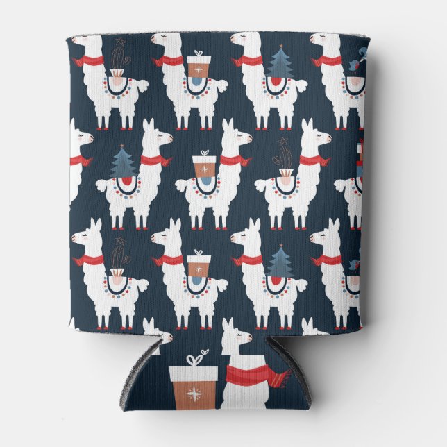 Festive Llamas: Christmas Pattern Delight Can Cooler (Front)