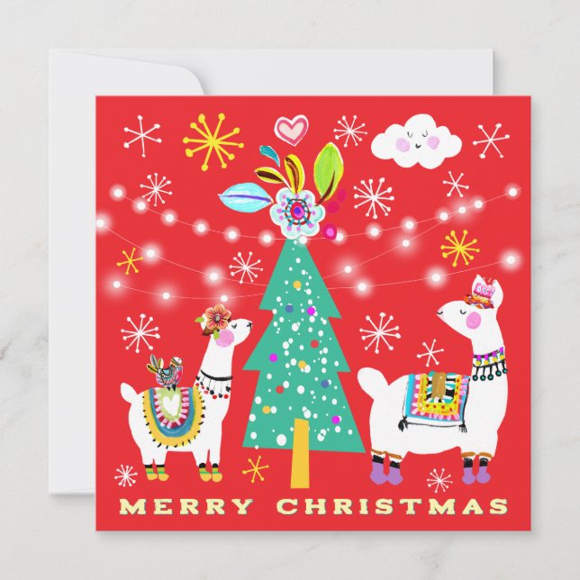 Festive Llamas Christmas Tree Flat Greeting Card (Front)