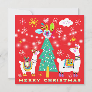 Festive Llamas Christmas Tree Flat Greeting Card
