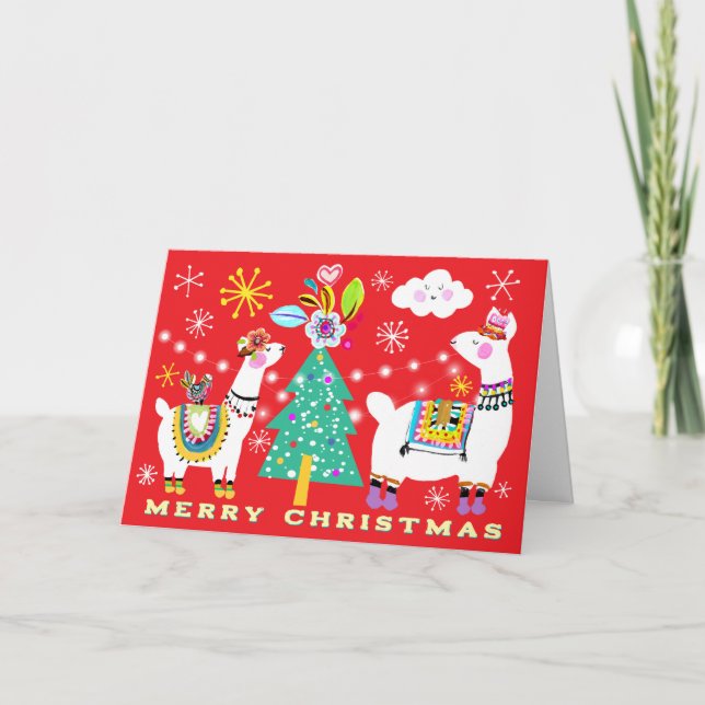 Festive Llamas Christmas Tree Greeting Card (Front)