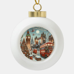 Festive London Christmas - Big Ben & Red Bus Ceramic Ball Christmas Ornament