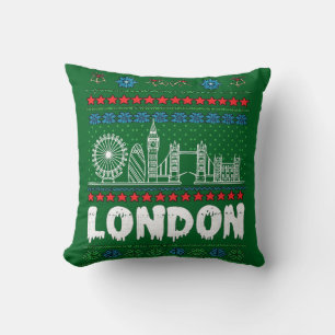 Festive London United Kingdom Ugly Christmas Throw Pillow
