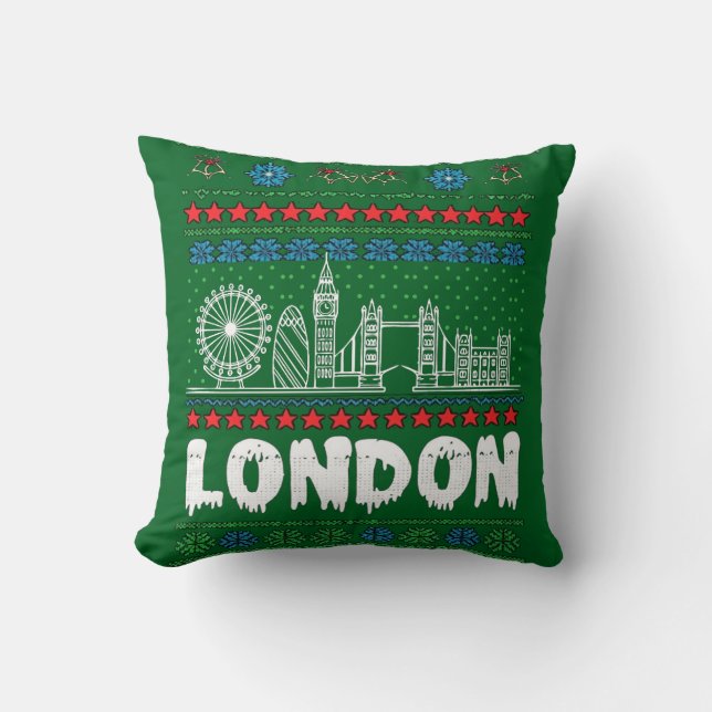Festive London United Kingdom Ugly Christmas Throw Pillow (Front)