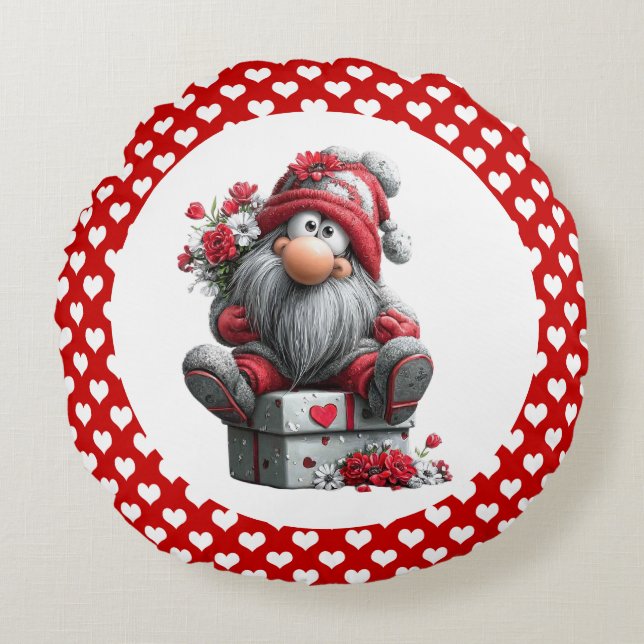 Festive Love Messenger Gnome "Heart and Presents"  Round Pillow (Front)