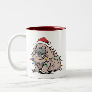 Festive Manatee Christmas Santa Ocean Lover Cozy Two-Tone Coffee Mug